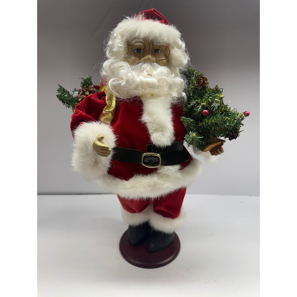 Vintage Santa Claus Figurine Red Velvet Suit Tree and Gift Bag Holiday Decor
